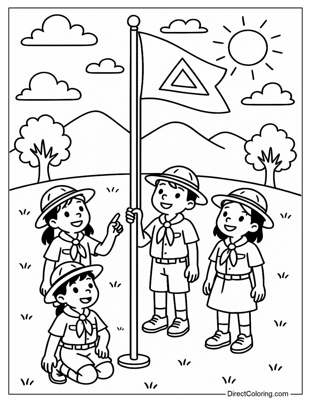 A coloring page of a team of campers raising a team flag in the morning, wearing their uniforms